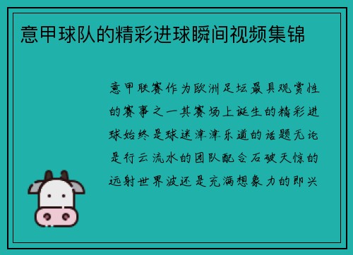 意甲球队的精彩进球瞬间视频集锦
